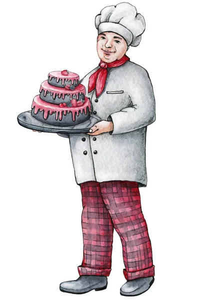 Cook chef is a man with a cake in his hands, loves sweets. Hand drawn watercolor illustration isolated on white background.
