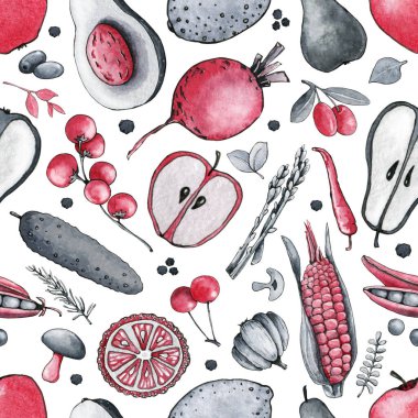 Seamless pattern with vegetables and fruits, vegetarian food, avocado, apple, pear, corn, beets, carrots, cucumbers, berries. Hand drawn watercolor illustration isolated on white background.