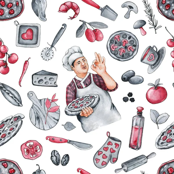Cook chef is a man with a cake in his hands, loves sweets, seamless pattern. Hand drawn watercolor illustration isolated on white background.