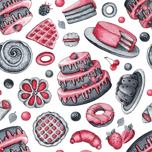 Sweet pastry, culinary products, cake, croissant, waffles, donut, berries, seamless pattern. Hand drawn watercolor illustration isolated on white background.