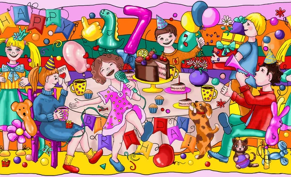 子供の誕生日 田名網とお茶を飲む楽しいパーティー シームレスなパターンを持つデジタルペーパー 鮮やかなカラフルな手描きデザイン — ストック写真