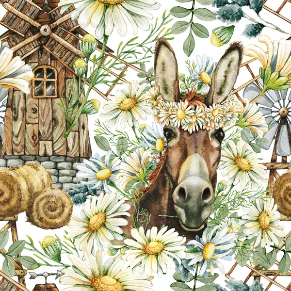 Donkey in nature with windmill. Farm animals, seamless pattern, hand drawn watercolor illustration.