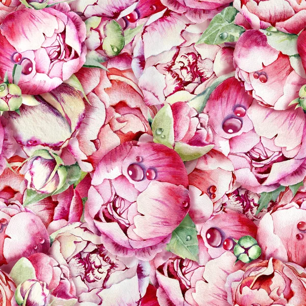 Απρόσκοπτη Μοτίβο Λουλούδια Παιώνιες Τριαντάφυλλα Δροσοσταλίδες Χειροποίητη Ακουαρέλα Σχεδιασμός Για — Φωτογραφία Αρχείου