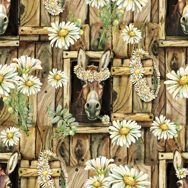 ファームウィンドウとカモミールの花 ファーム動物 デジタルペーパー シームレスなパターン 手描き水彩イラストのロバ — ストック写真