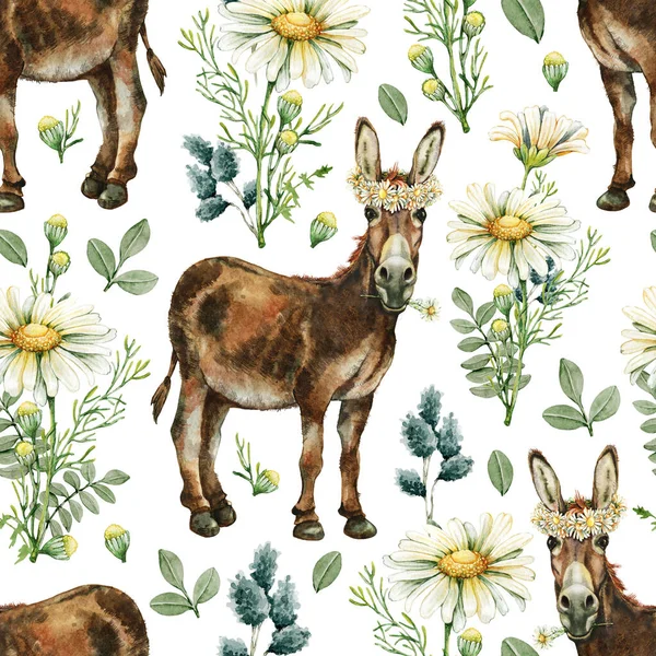 Donkey in nature with windmill. Farm animals, seamless pattern, hand drawn watercolor illustration.