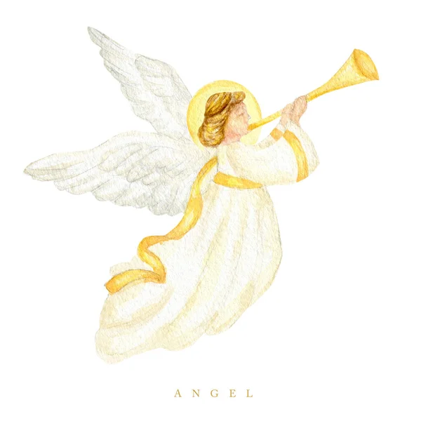 Świąteczny Anioł Trąbką Akwarela Ilustracja Chrześcijański Anioł Narodzenia Skrzydłami Izolowane — Zdjęcie stockowe