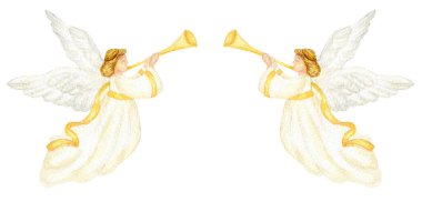Noel melekleri suluboya resimlerini beyaz arka planda izole edilmiş kanatları olan Hristiyan doğum meleği dini vaftiz davetiyesi için tasarım, tebrik kartı..