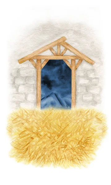 Akvarell Háttér Karácsonyi Keresztény Betlehem Jelenet Üdvözlőlap Illusztráció — Stock Fotó