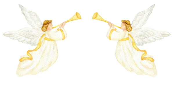 Kerst Engelen Set Aquarel Illustratie Christelijke Kerststal Engel Met Vleugels — Stockfoto