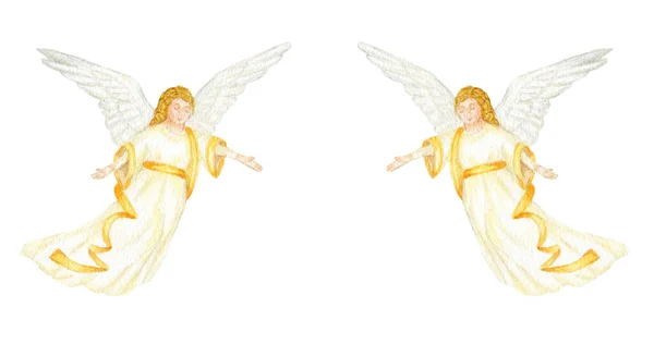 クリスマスの天使は 水彩画のイラストを設定 白い背景に分離翼を持つキリスト降誕の天使 宗教的な洗礼の招待のためのデザイン グリーティングカード — ストック写真