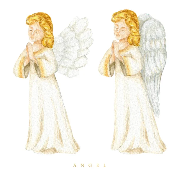 圣诞天使设置水彩画 基督教耶稣降生天使与翅膀隔离在白色背景 设计宗教洗礼邀请 免版税图库照片