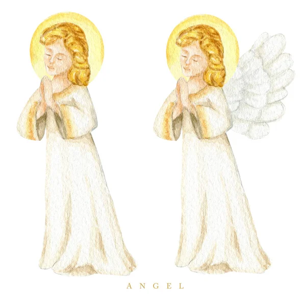 圣诞天使设置水彩画 基督教耶稣降生天使与翅膀隔离在白色背景 设计宗教洗礼邀请 — 图库照片