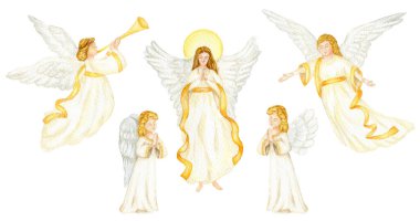 Christmas angels set watercolor illustration, Christian Nativity angel with wings isolated on a white background, design for religious baptism invitation, greeting card. clipart