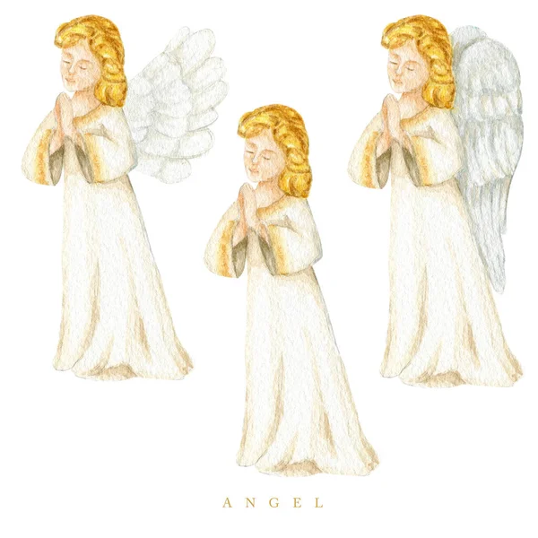 Vánoční Andělé Nastavit Akvarel Ilustrace Křesťanské Narození Anděl Křídly Izolované — Stock fotografie