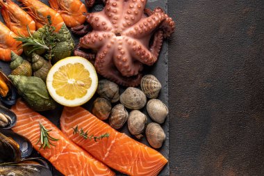 Çiğ balık, ahtapot, karides, taş tabakta salyangoz. Deniz ürünleri. Üst Manzara. Kopyalamak için boş yer. Yüksek kalite fotoğraf