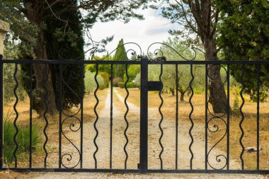 Wrought iron gate opening to rustic tree-lined pathway in countryside. High quality photo clipart