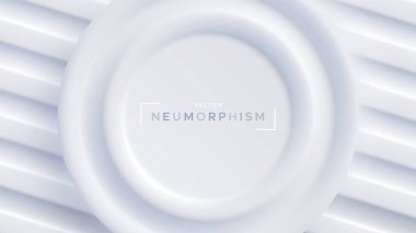 Üst manzara podyumu, neumorfik parlak tasarım. Beyaz çıtalardan 3 boyutlu dekoratif yüzey. Hafif, yumuşak, net ve basit vektör çizimi. Kopyalama alanı olan zarif soyut arkaplan.