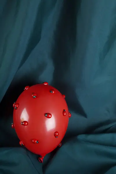 Uma Invasão Inúmeras Joaninhas Balão Inflável Vermelho Com Fundo Cortina — Fotografia de Stock