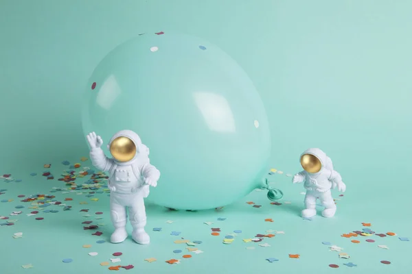 Cosmonaut Couple Exploring New Planet Surrounded Confetti Balloons Whole Monochrome — Stock Photo, Image