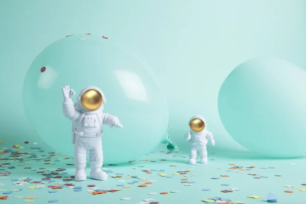 Cosmonaut Couple Exploring New Planet Surrounded Confetti Balloons Whole Monochrome — Stock Photo, Image