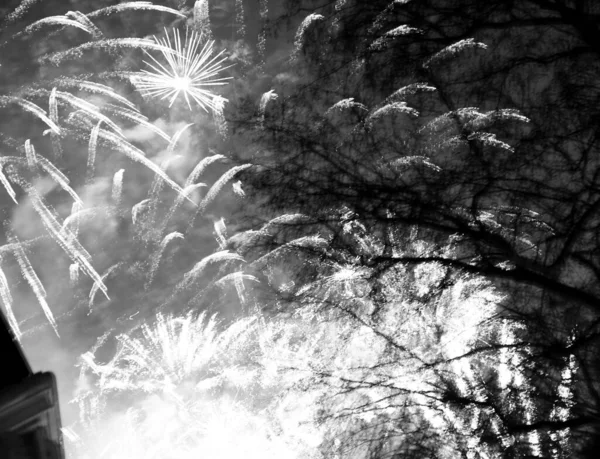 夜の暗い空でカラフルな花火 休日の祝賀のための美しい火災クラッカー スピードロケットからの花火 火災クラッカーの明るいバースト 暗い花火 — ストック写真