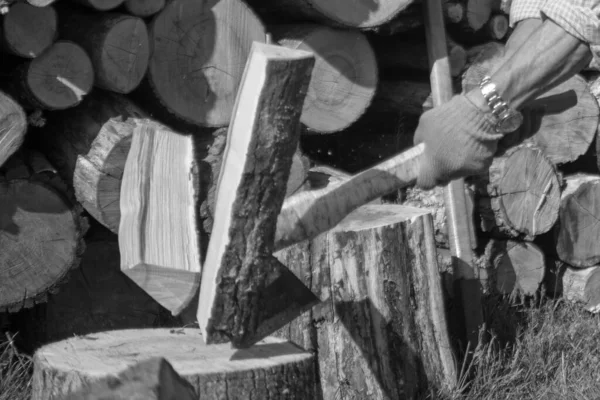 木製のハンドルが付いている主題の大きい鋼鉄斧の写真 狩猟のための金属の軸 自然の背景の1つの長い斧から成っている写真軸は 生存のための主要な付属品の男性 重い軸を造りました — ストック写真