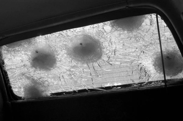 Big Crack Windshield Car Fragment Military Sniper Bullet Dangerous War — Stock Photo, Image