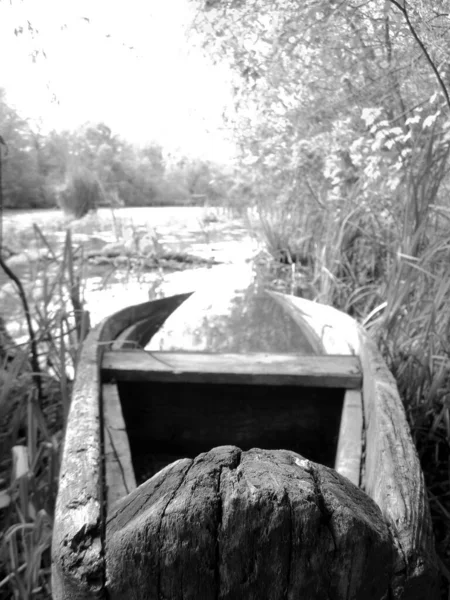 Oude Houten Kapotte Boot Voor Zwemmen Oevers Water Natuurlijk Riet — Stockfoto