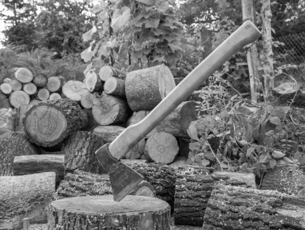 Photography Theme Big Steel Axe Wooden Handle Metal Hunting Photo — Stock Photo, Image