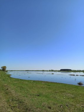 Mavi gökyüzünün arka planında bir göl olan güzel bir manzara.