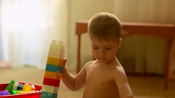 Симпатичный Маленький Европейский Мальчик Играет Красочным Строительным Набором Комнате Солнечным — стоковое видео