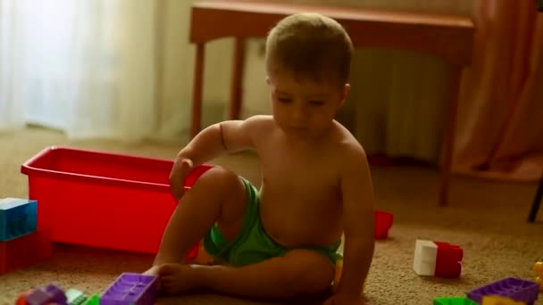 Симпатичный Маленький Европейский Мальчик Играет Красочным Строительным Набором Комнате Солнечным — стоковое видео