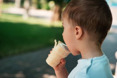 Küçük sevimli bir Avrupalı çocuk parkta waffle bardağında dondurma külahı yiyor. Yakın plan. Yaz zamanı, sütlü tatlı, mutlu bir çocukluk. Mutlu anlar