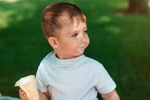 可爱的小男孩在华夫饼杯里吃香草冰淇淋 脸上涂满了冰淇淋 有趣的小家伙 一个孩子的情感特写 牛奶甜点 快乐的童年 — 图库照片