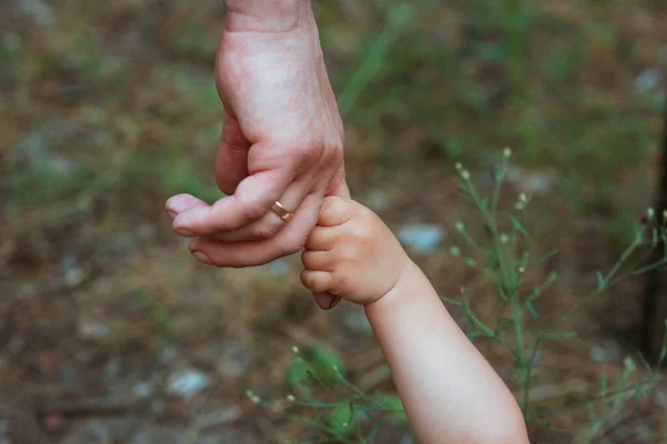 Dad Holds His Little Son Hand Close Father Love Care — Stock Photo, Image