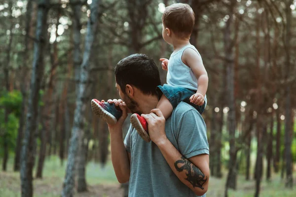 父の日だ 幸せなヨーロッパ人の父親は 若いかわいい2歳の息子と森の中を歩いています 幸せな子供時代 幸せな夏の時間 家族の概念 — ストック写真