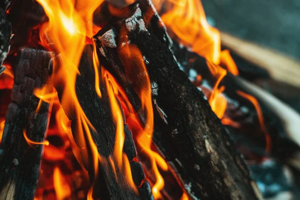 stock image A bright flame of fire over a campfire. Wooden wood stacked in a pyramid is burning. The flame of fire close-up. White smoke rises over the fire. Barbecue bonfire. Tourist concept