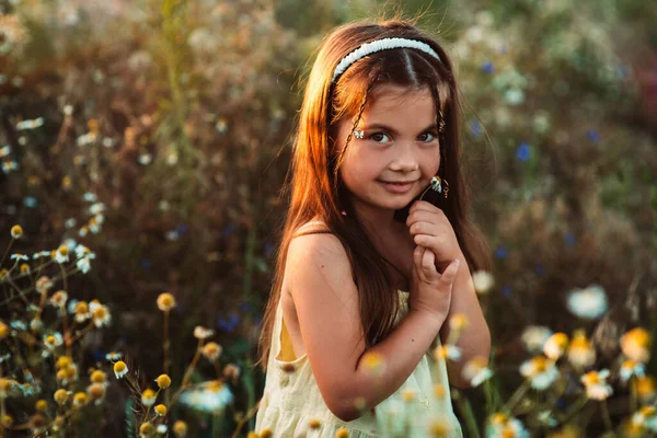 Beautiful Little Girl European Appearance Stands Middle Flower Field Holds Stock Picture