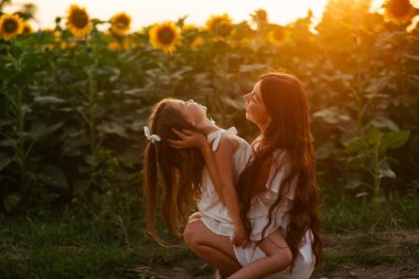 Güzel, genç bir anne gün batımında küçük kızını ayçiçeklerinin arasında kucaklıyor. Anne, şefkatli aşk, mutlu çocukluk..