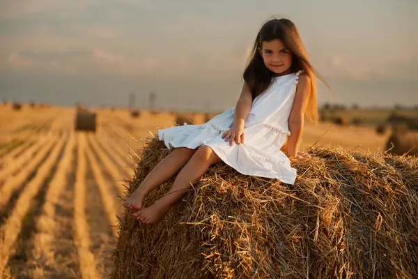 드레스를 귀여운 보이는 소녀는 농장에서 건초의 베일에 앉아있다 농장에서 농장에서 — 스톡 사진