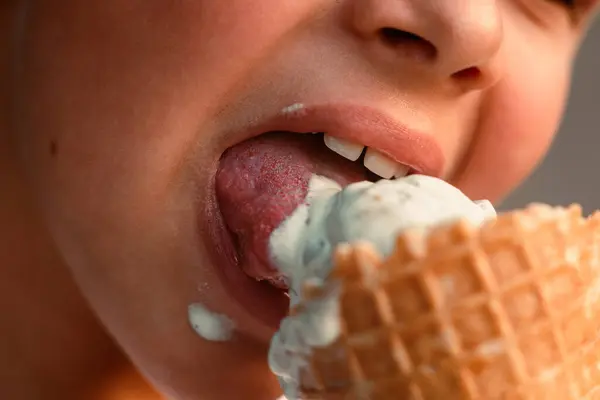 Close View Boy Eating Ice Cream Waffle Cup Macro Detailed — Stock Photo, Image