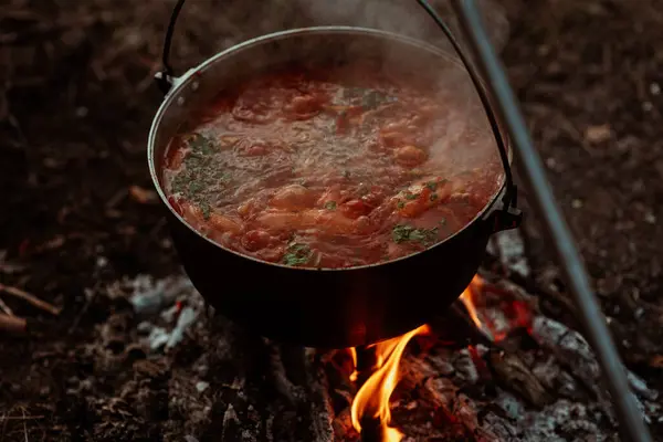 コルドロンの火事で調理した横の写真風味のトマトスープ ボルシュトはグリルに おいしい伝統的なウクライナ料理 アウトドアでの休暇について 高品質の写真 ロイヤリティフリーのストック画像