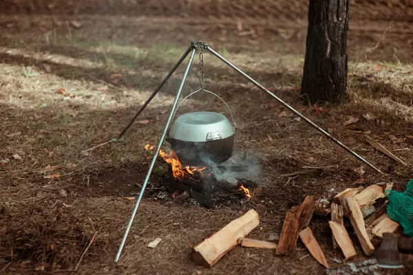 ハイキングポット ボウラー トマトのスープは ケルドロンで沸騰する ピクニック カルドロンのステークで料理 火と煙 高品質の写真 ストック画像