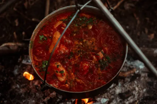 コルドロンの火事で調理した横の写真風味のトマトスープ ボルシュトはグリルに おいしい伝統的なウクライナ料理 アウトドアでの休暇について クローズアップ ストックフォト