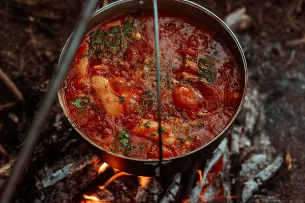 コルドロンの火事で調理した横の写真風味のトマトスープ ボルシュトはグリルに おいしい伝統的なウクライナ料理 アウトドアでの休暇について クローズアップ ストック画像