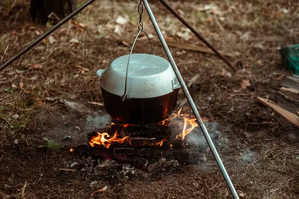 ハイキングポット ボウラー トマトのスープは ケルドロンで沸騰する ピクニック カルドロンのステークで料理 火と煙 高品質の写真 ロイヤリティフリーのストック画像