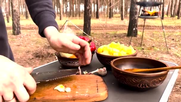 Close Chopping Garlic Cutting Board Campfire Dish Outdoors Cooking High — Stock Video