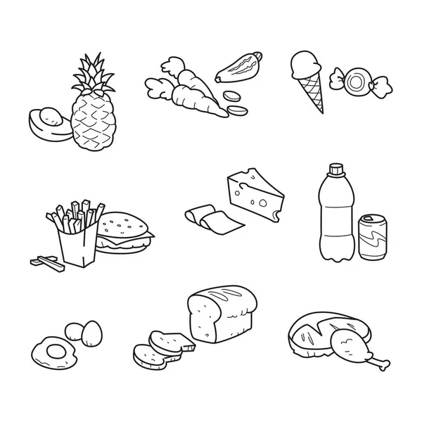 Conjunto Ilustrações Alimentares Ícones Doodle — Vetor de Stock