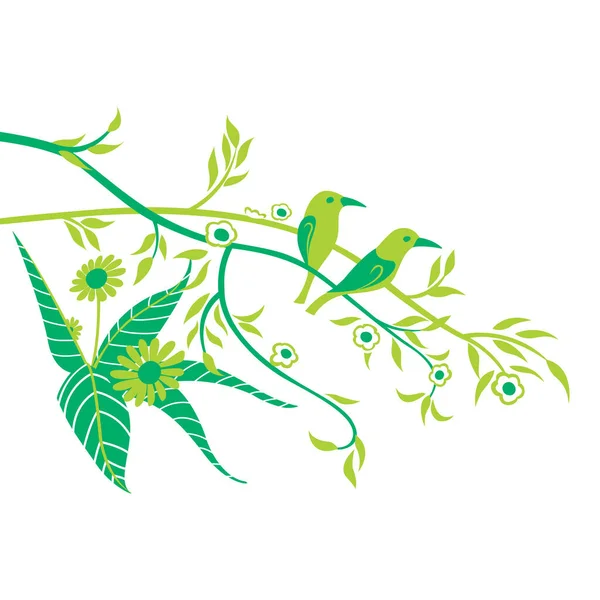 Illustration Florale Avec Oiseaux Feuilles Vecteur — Image vectorielle