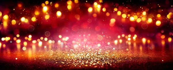 Rood Gouden Glinsterende Met Bokeh Lichten Kort Gedeconcentreerde Achtergrond — Stockfoto